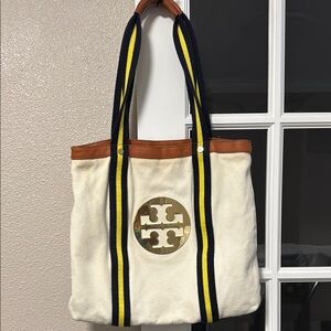 Tory Burch Cream and Tan Tote with Striped Straps
